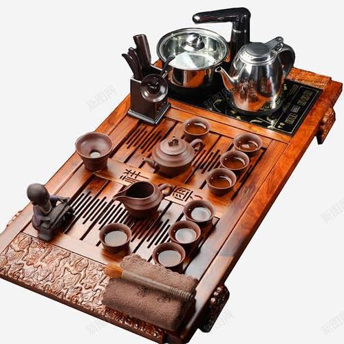 紫砂青瓷冰裂功夫茶具高清素材产品实物实木电热磁炉茶盘元素免抠png